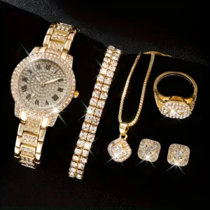 6pcs Women'S Stylish Casual Watch, Quartz Watch, Necklace, Earrings, Bracelet, Ring Jewelry Set, Perfect Gifts